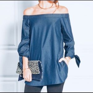 Seven Sisters Denim Offer-shoulder blouse